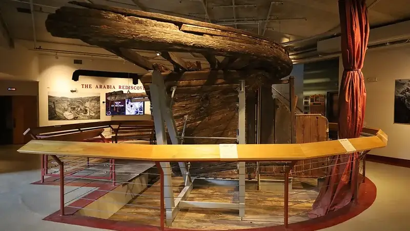 The preserved hull of the steamboat Arabia inside the Arabia Steamboat Museum