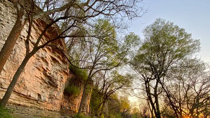 Tall limestone bluffs and spring trees along Cliff Drive in Kessler Park near sunset