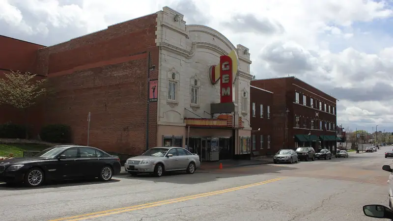 The Gem Theater's brick front and red GEM sign at 18th and Vine