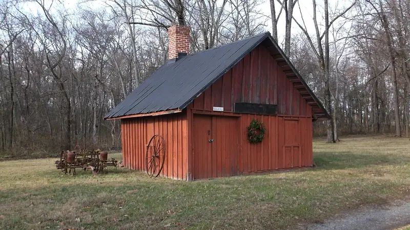 The red blacksmith shop at the Weston Farmstead in Weston, Missouri