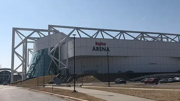 The exterior of Hy-Vee Arena in the West Bottoms