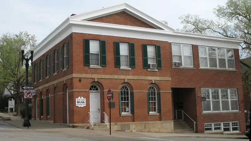 The brick Clay County Savings Association building in Liberty, home of the Jesse James Bank Museum