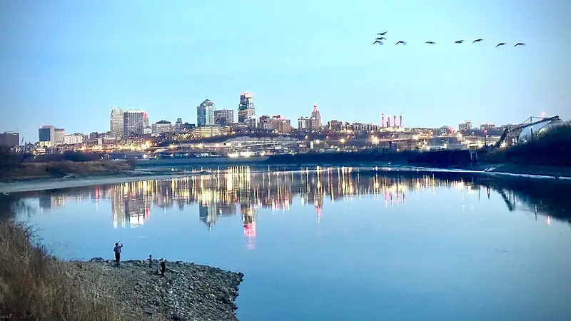 The downtown Kansas City skyline seen across the water from Kaw Point Park