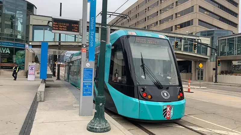 A KC Streetcar stopped at a downtown station
