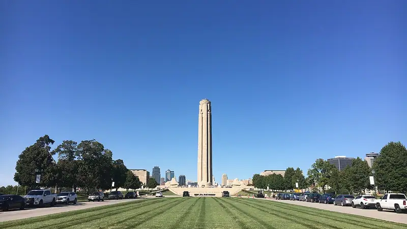 The Liberty Memorial tower rising over the lawn at the National WWI Museum and Memorial