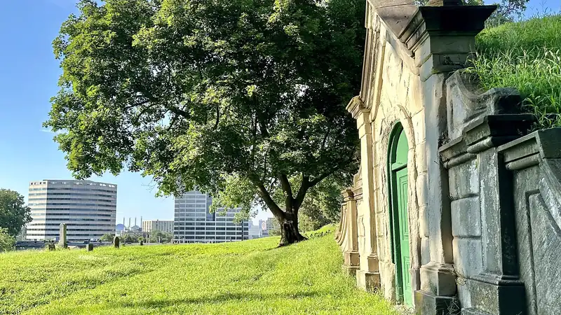An old stone burial vault under a big tree at Union Cemetery, with city towers beyond the lawn