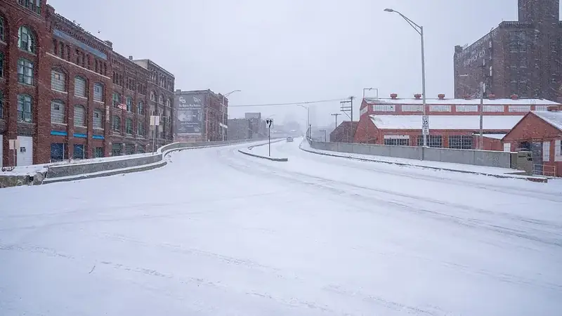 Brick warehouses in the West Bottoms on a snowy February day
